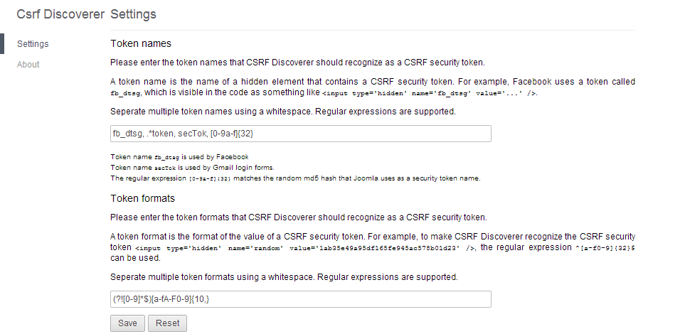 The CSRF Discoverer settings page.